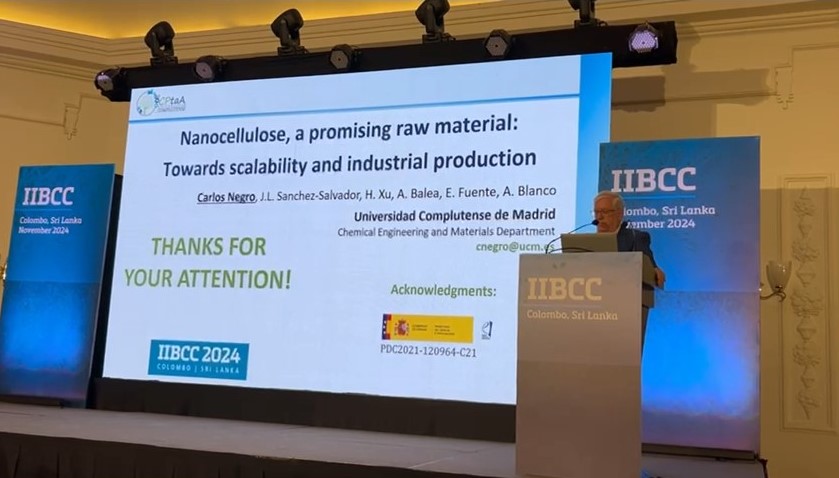 Presentación de la keynote "Nanocellulose, a promising raw material: Towards scalability and industrial production" en la IIBCC 2024 celebrada en Sri Lanka